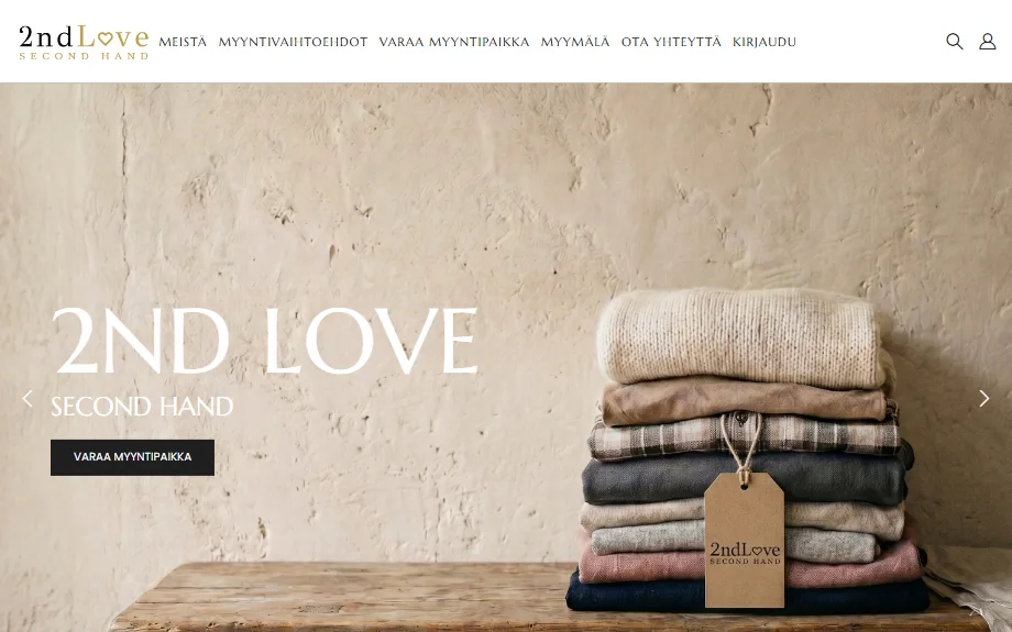 2nd Love -myymälän etusivu: hillitty vaalea ilme ja nappi myyntipaikan varaamiseen.