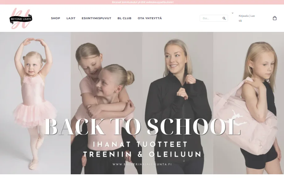 Ballerina ja Liikunta -verkkokaupan etusivu: neljä tuotekuvaa vierekkäin ja kampanjaotsikko.