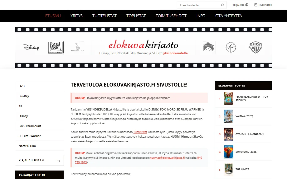 Elokuvakirjasto.fi-webbutikens startsida: produktkategorier till vänster och topplistan över filmer till höger.